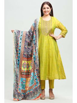 Cotton Culture - Yellow Chanderi A Line Embroidered Kurta & Pant with Dupatta (Set of 3)
