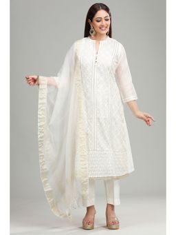 Cotton Culture - Off White Chanderi Straight Embroidered Kurta & Pant with Dupatta (Set of 3)