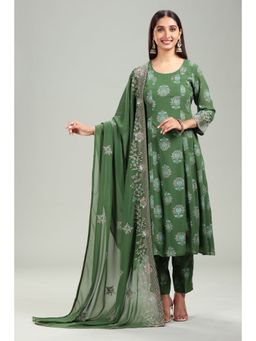 Cotton Culture - Green Georgette Yarn dyed Anarkali Kurta & Pant with Dupatta (Set of 3)