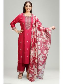 Cotton Culture - Pink Rayon Straight Embroidered Kurta & Pant with Dupatta (Set of 3)