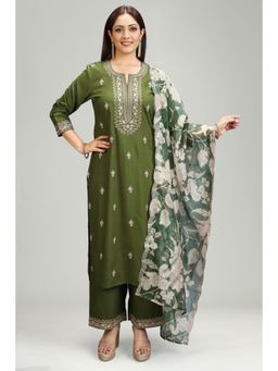 Cotton Culture - Olive Rayon Straight Embroidered Kurta & Pant with Dupatta (Set of 3)