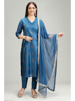Cotton Culture - Blue Chanderi Straight Embroidered Kurta & Pant with Dupatta (Set of 3)