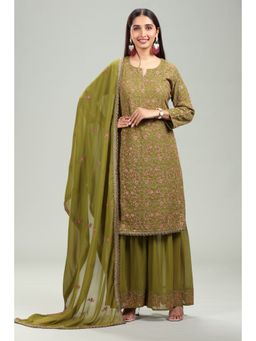 Cotton Culture - Olive Georgette Straight Embroidered Kurta & Palazzo with Dupatta (Set of 3)