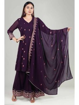 Cotton Culture - Purple Georgette Flared Embroidered Kurta & Palazzo with Dupatta (Set of 3)