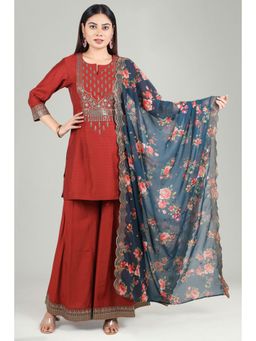 Cotton Culture - Rust & Teal Straight Embroidered Kurta & Pant with Dupatta (Set of 3)