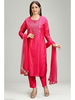 Cotton Culture - Pink Chanderi Straight Embroidered Kurta & Pant with Dupatta (Set of 3)