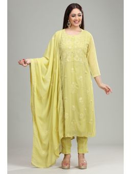 Cotton Culture - Lemon Georgette A Line Embroidered Kurta & Pant with Dupatta (Set of 3)