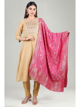 Cotton Culture - Beige Chanderi A Line Embroidered Kurta & Pant with Dupatta (Set of 3)
