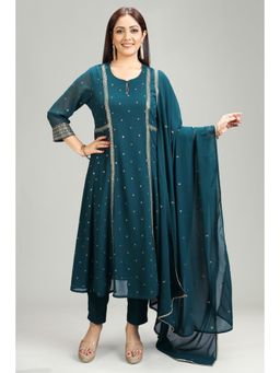 Cotton Culture - Teal Georgette A Line Embroidered Kurta & Pant with Dupatta (Set of 3)