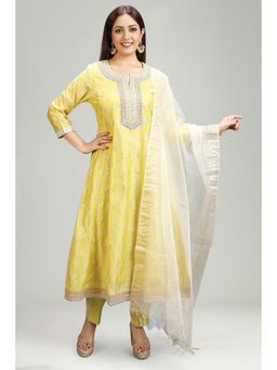 Cotton Culture - Yellow Chanderi A Line Embroidered Kurta & Pant with Dupatta (Set of 3)
