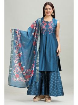 Cotton Culture - Indigo Blue Straight Embroidered Kurta & Sharara with Dupatta (Set of 3)