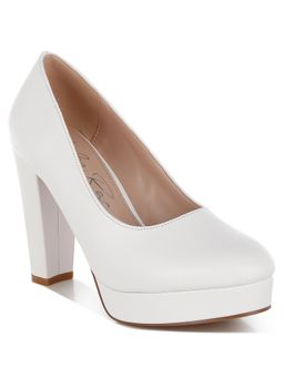 London Rag - Women White Faux Leather Block Heel Pumps
