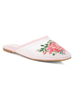 London Rag - Women Pink Floral Embroidered Mesh Mules