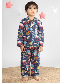Polka Tots - Kids Cotton Full Sleeve Printed Shirt and Pyjama - Blue (Set of 2)