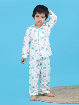 Polka Tots - Kids Cotton Full Sleeve Printed Shirt and Pyjama - White (Set of 2)