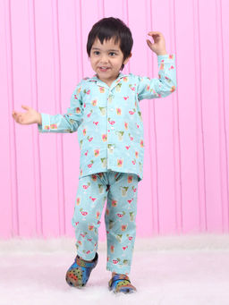 Polka Tots - Kids Cotton Full Sleeves Printed Shirt and Pyjama - Blue (Set of 2)