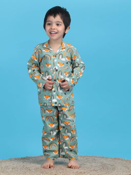 Polka Tots - Kids Cotton Full Sleeves Printed Shirt and Pyjama - Green (Set of 2)