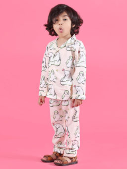 Polka Tots - Kids Cotton Full Sleeves Printed Shirt and Pyjama - Peach (Set of 2)