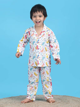 Polka Tots - Kids Cotton Full Sleeves Printed Shirt and Pyjama - White (Set of 2)