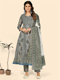 Vbuyz - Womens Print & Embroidered Anarkali Cotton Grey Kurta Pant With Dupatta (Set of 3)