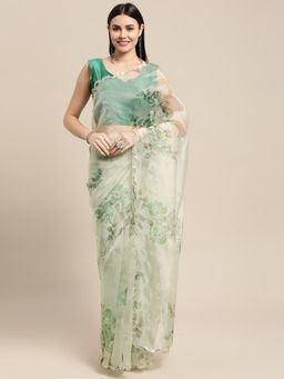 Vastranand - Green Organza Floral Print Party Wear Saree with Unstitched Blouse