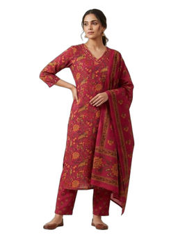 M MARCH LABEL - Women Dark Pink Floral Printed Pure Cotton Kurta with Pant and Dupatta