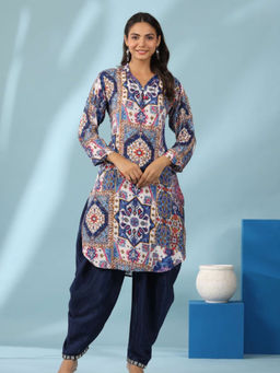 M MARCH LABEL - Women Navy Blue Floral Printed Kurta with Dhoti