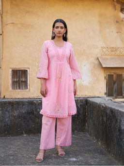 M MARCH LABEL - Women Baby Pink Embroidered Kurta with Pant