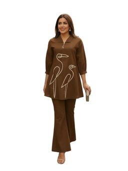 M MARCH LABEL - Women Coffee Brown Embroidered Cotton Co-Ord Set