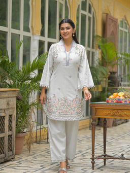 M MARCH LABEL - Women Off-White Floral Embroidered Kurta with Pant