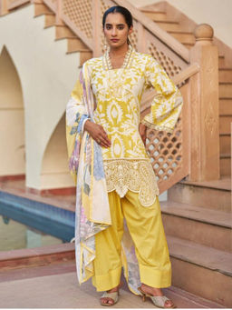 M MARCH LABEL - Women Yellow Floral Lace Work Kurti with Farshi Salwar and Dupatta