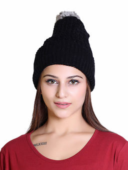Deeanna - Woollen Knitted Winter Black Beanie for Women
