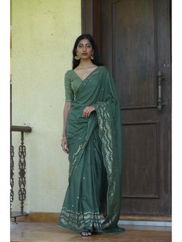 Suta - Women's Olive Woven Saree Without Blouse