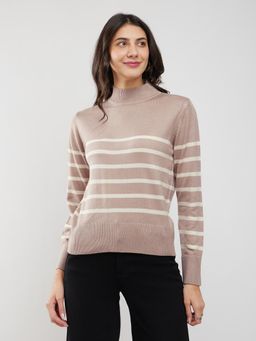 FableStreet - Beige Livsoft High Neck Striped Sweater