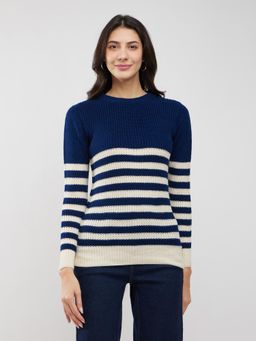 FableStreet - Navy Blue Livsoft Striped Round Neck Sweater