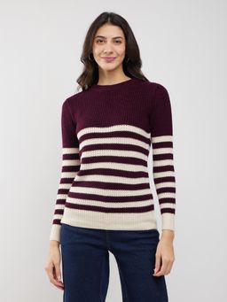 FableStreet - Wine Livsoft Round Neck Striped Sweater