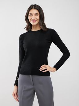 FableStreet - Black Livsoft Round Neck Buttoned Sleeve Sweater