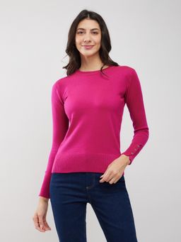 FableStreet - Pink Livsoft Round Neck Buttoned Sleeve Sweater