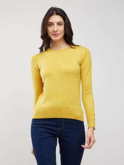 FableStreet - Yellow Livsoft Round Neck Buttoned Sleeve Sweater