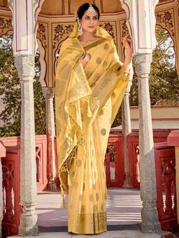 Odette - Womens Yellow Linen Woven Design Saree with Unstitched Blouse