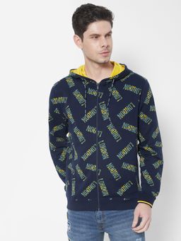 Pepe Jeans - Lennox Sr All Over Printed Hooded Navy Blue Sweatshirt