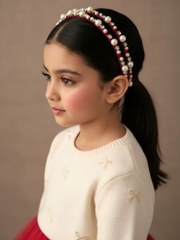 Choko - Christmas Hairband for Girls, Beads & Pearl Embellished Double Line Kids Hair Accessory, Red
