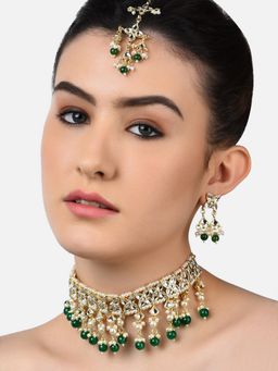 Zaveri Pearls - Green Beads Traditional Kundan Choker Necklace Earring & Maangtikka Set-ZPFK11236