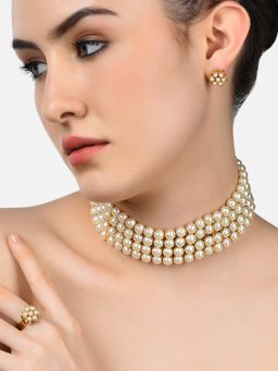 Zaveri Pearls - Gold Tone Multi Strand Pearls Choker Necklace Earring & Ring Set-ZPFK10836