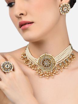 Zaveri Pearls - Gold Tone Multistrand Kundan Choker Necklace Earring & Ring Set-ZPFK10769