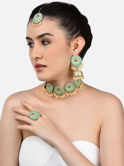 Zaveri Pearls - Green Meenakari Filigree Necklace Earring Maangtikka & Ring Set-ZPFK10791