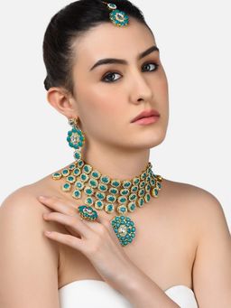 Zaveri Pearls - Green Stones Choker Necklace, Earring Maangtikka & Ring Set-ZPFK10804