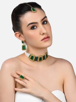 Zaveri Pearls - Green Stone & Beads Choker Necklace Earring Maangtikka & Ring Set-ZPFK10813