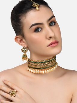 Zaveri Pearls - Green Stones Choker Necklace Earring Maangtikka & Ring Set-ZPFK10815