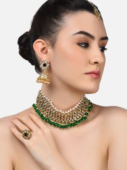 Zaveri Pearls - Green Beads Traditional Kundan Choker Necklace Earring & Ring Set-ZPFK10835